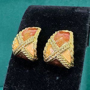 Vintage Gold Tone Autumn Tri Color Half Hoops with Twisted Rope Accents